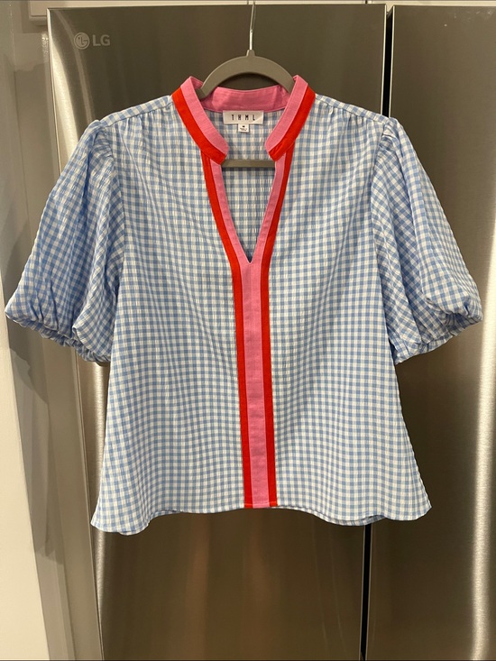THML Tops - THML Blue Gingham Puff Sleeve Top with Pink and Red Trim